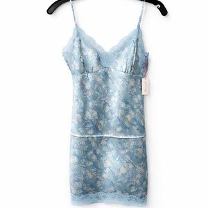 Gold Hawk Silk Slip Dress Forget Me Not Blue Print Lace Trim Chemise NWT Small